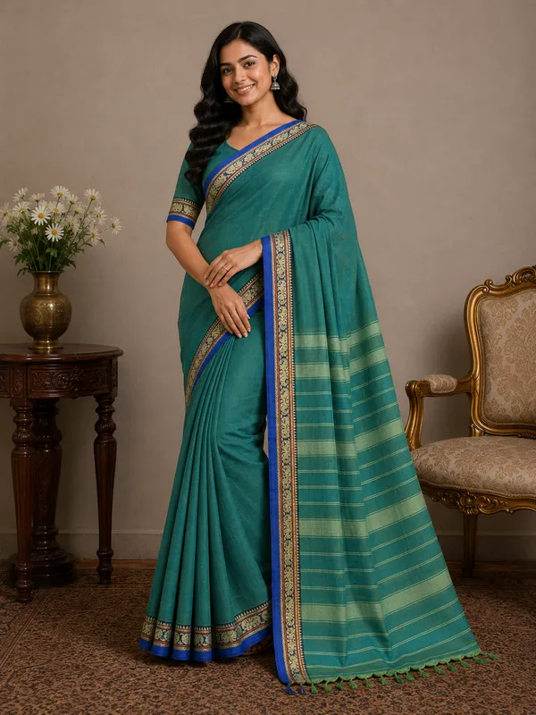 Dual_Tone_Elephant_Green_Small_Border_Narayanpet_Pure_Handloom_Cotton_Sarees_With_Running_Blouse_Piece_For_Women