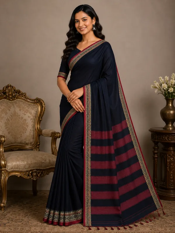 Rich_Black_Small_Border_Narayanpet_Pure_Handloom_Cotton_Saree_With_Running_Blouse_Piece_For_Women