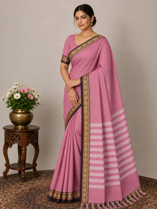 Deepali_Rani_Light_Pink_Small_Checks_Pattern_Pure_Mersrised_Narayanapet_Pure_Cotton_Saree_With_Running_Blouse_Piece_Same_As_A_Saree_Color_For_Women