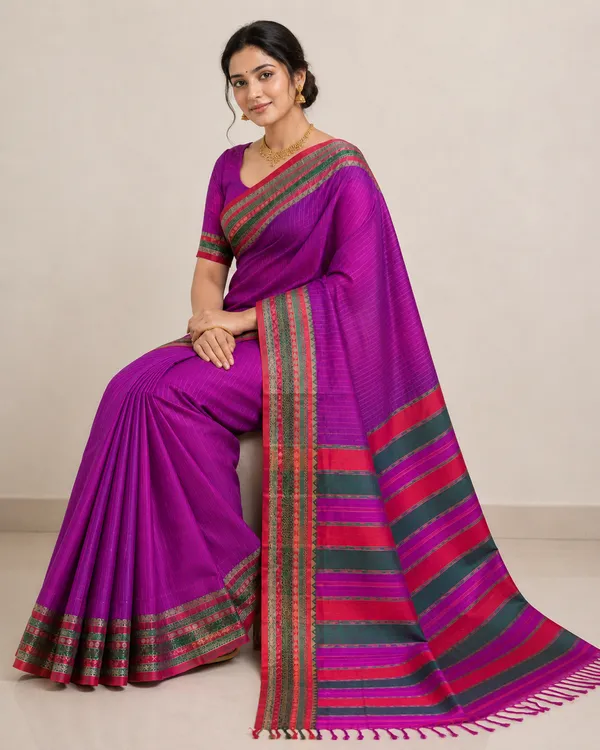 Anuradha_Pink_Strip_Pattern_Narayanpet_Pure_Masarai_Cotton_Saree_With_Running_Blouse_Piece_For_Women