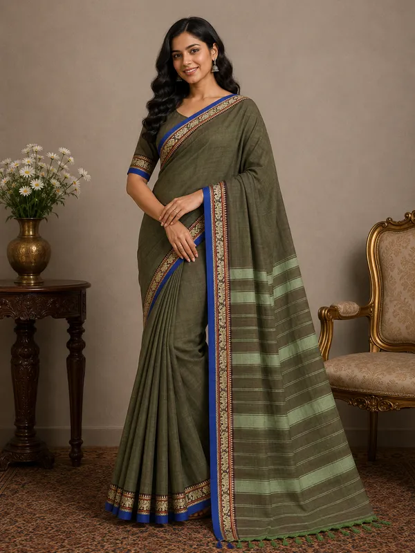 Olive_Green_Elephant_Small_Border_Narayanpet_Pure_Handloom_Cotton_Sarees_With_Running_Blouse_Piece_For_Women