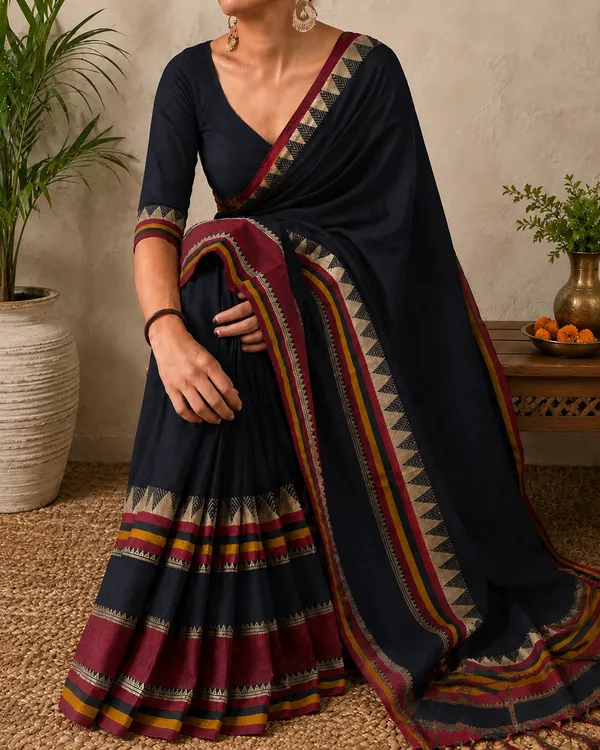 Rangoli_Border_Black_Narayanpet_Pure_Handloom_Cotton_Saree_With_Running_Blouse_Piece_For_Women