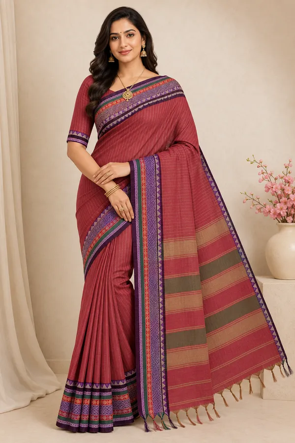Anuradha_Brick_Red_Striped_Pattern_Narayanpet_Pure_Cotton_Saree_Masarai_Cotton_With_Running_Blouse_Piece_For_Women