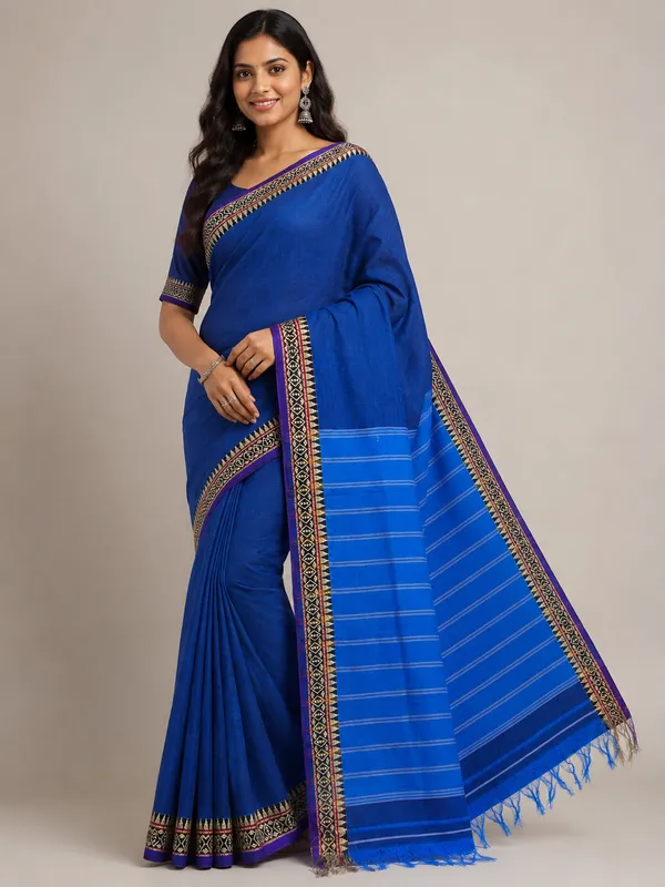 Rich_Royal_Blue_Small_Border_Narayanpet_Pure_Handloom_Cotton_Sarees_With_Running_Blouse_Piece_For_Women