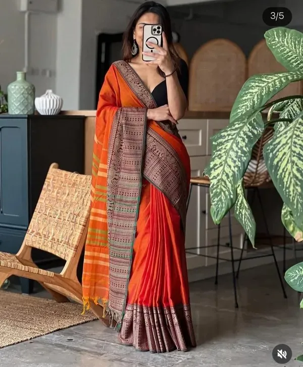 Gopika_Rama_Orange_Big_Elephent_Border_Narayanpet_Pure_Cotton_Handloom_Saree_With_Running_Blouse_Piece_For_Women