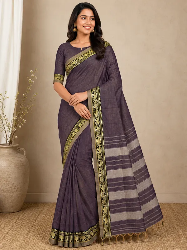 Dual_Tone_Chrcoal_Grey_Elephant_Small_Border_Narayanpet_Pure_Handloom_Cotton_Sarees_With_Running_Blouse_Piece_For_Women