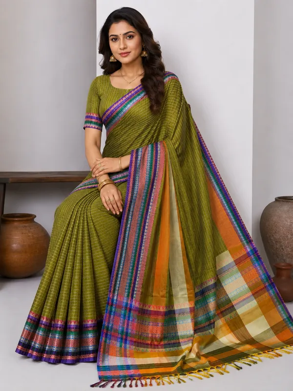 Anuradha_Olive_Green_Striped_Pattern_Narayanpet_Pure_Cotton_Saree_Masarai_Cotton_With_Running_Blouse_Piece_For_Women