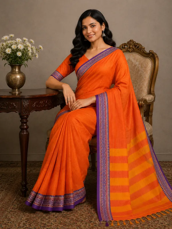 Rich_Orange_Small_Border_Narayanpet_Pure_Handloom_Cotton_Sarees_With_Running_Blouse_Piece_For_Women