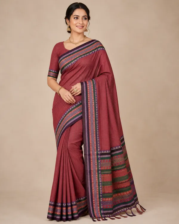 Anuradha_Brick_Red_Striped_Pattern_Narayanpet_Pure_Cotton_Saree_Masarai_Cotton_With_Running_Blouse_Piece_For_Women