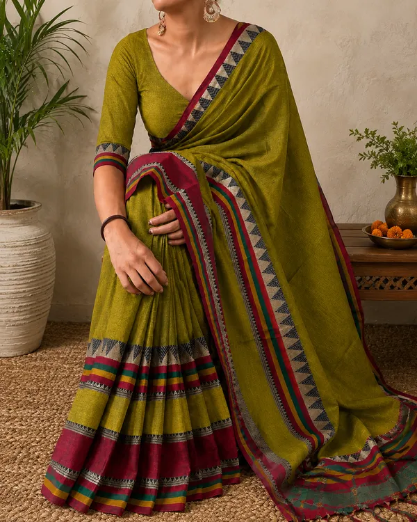 Rangoli_Border_Parrot_Green_Narayanpet_Pure_Handloom_Cotton_Sarees_With_Running_Blouse_Piece_For_Women