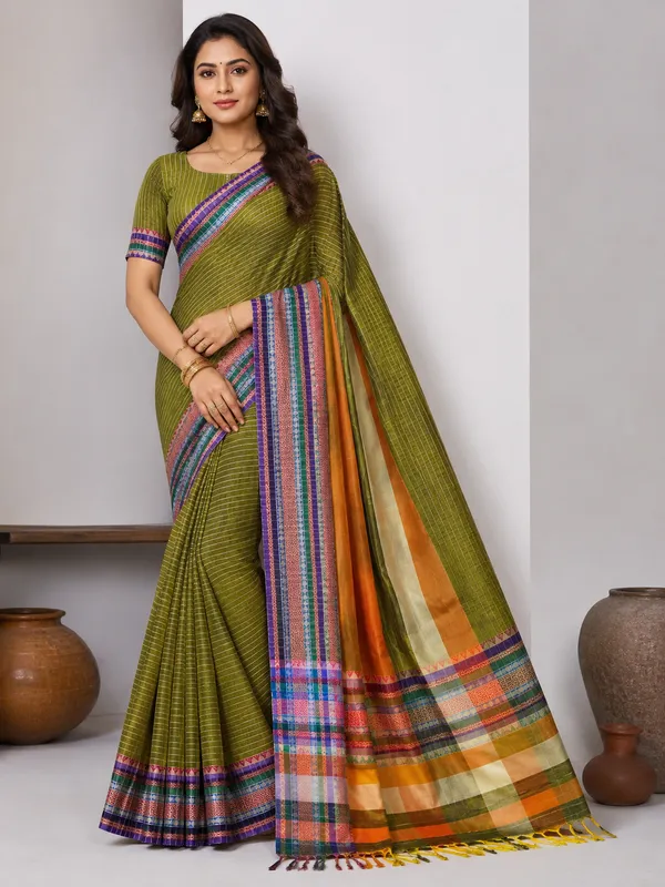 Anuradha_Olive_Green_Striped_Pattern_Narayanpet_Pure_Cotton_Saree_Masarai_Cotton_With_Running_Blouse_Piece_For_Women