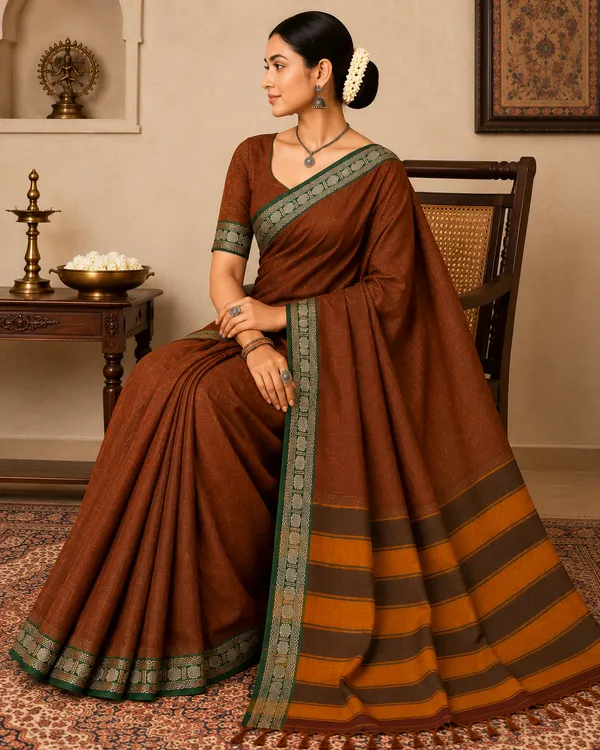 Shraddha_Brown_Narayanapet_Pure_Handloom_Cotton_Saree_With_Running_Blouse_Piece_Same_Saree_Color_For_Women