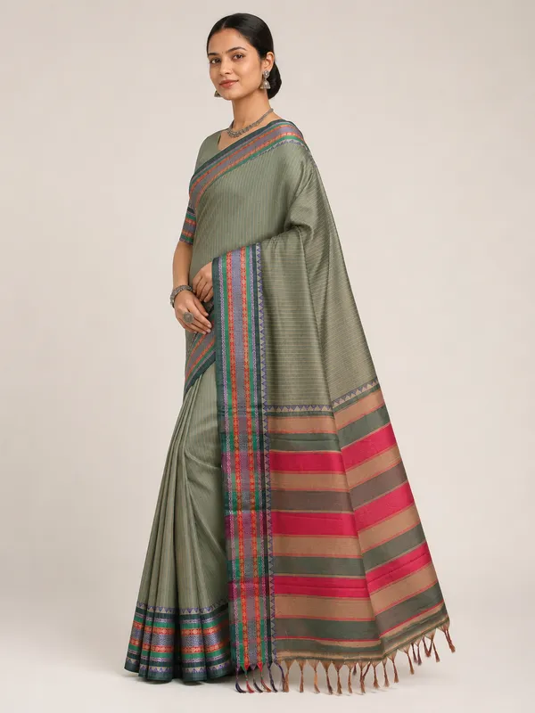 Anuradha_Pista_Green_Striped_Pattern_Narayanpet_Pure_Cotton_Saree_Masarai_Cotton_With_Running_Blouse_Piece_For_Women