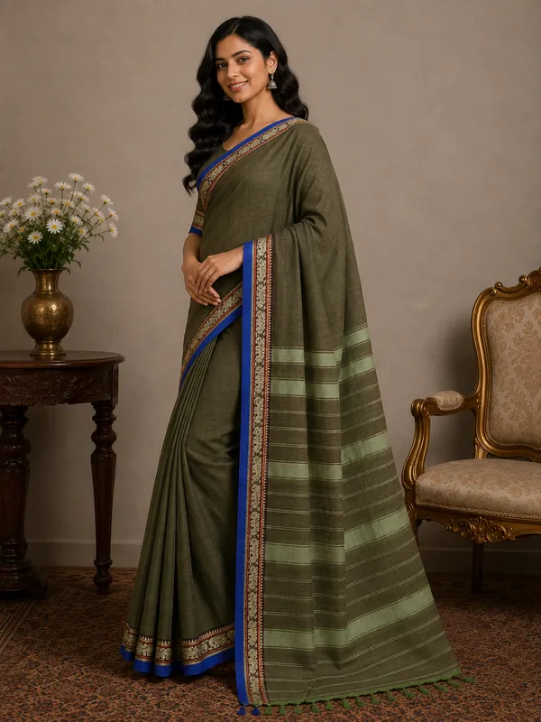 Olive_Green_Elephant_Small_Border_Narayanpet_Pure_Handloom_Cotton_Sarees_With_Running_Blouse_Piece_For_Women