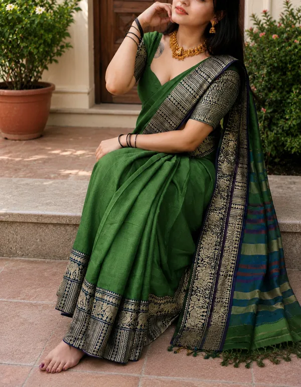 Gopika_Rama_Green_Big_Elephent_Border_Narayanpet_Pure_Cotton_Handloom_Saree_With_Running_Blouse_Piece_For_Women