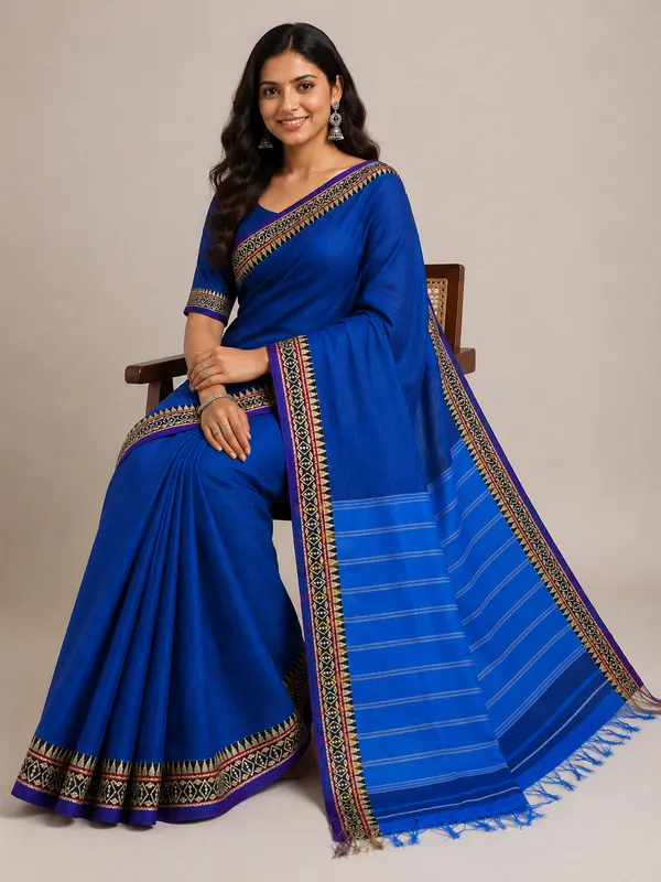 Rich_Royal_Blue_Small_Border_Narayanpet_Pure_Handloom_Cotton_Sarees_With_Running_Blouse_Piece_For_Women