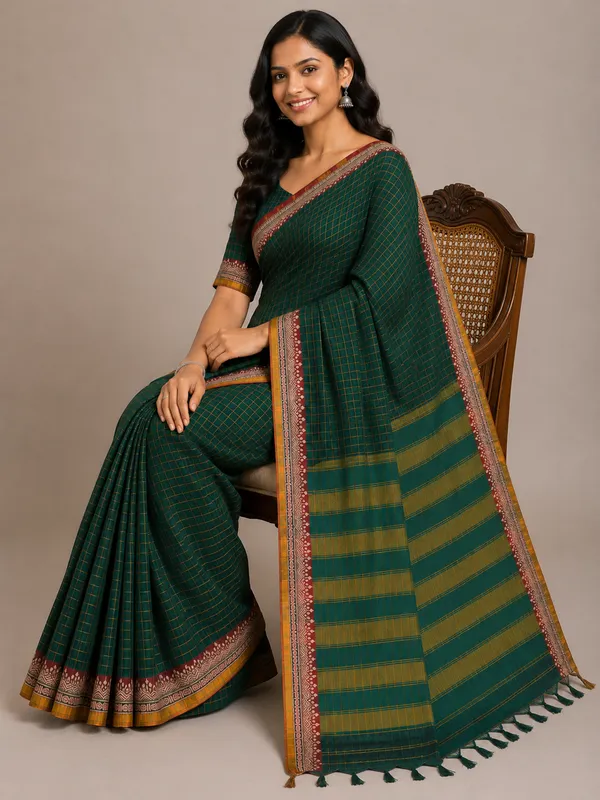 Botel_Green_Narayanapet_Pure_Cotton_Small_Checks_Saree_With_Running_Blouse_Piece_Same_As_A_Saree_Color_For_Women