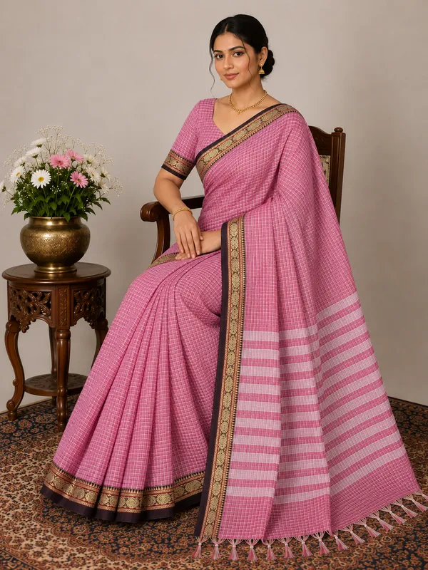Deepali_Rani_Light_Pink_Small_Checks_Pattern_Pure_Mersrised_Narayanapet_Pure_Cotton_Saree_With_Running_Blouse_Piece_Same_As_A_Saree_Color_For_Women