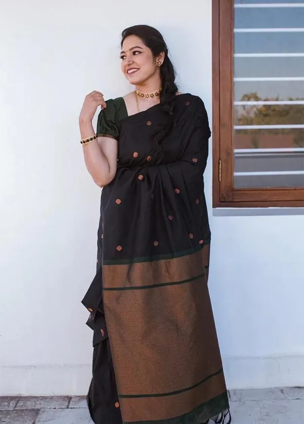 Black_Soft_Lichi_Silk_Saree_with_All-Over_Jacquard_Work_&_Rich_Woven_Pallu