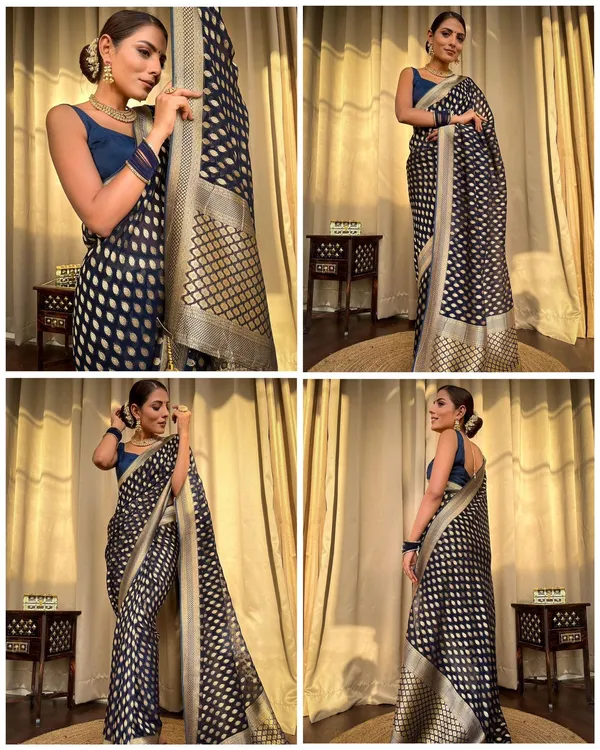 Black_Soft_Lichi_Silk_Saree_with_Golden_Bandhani_Dot_Jacquard_&_Zari_Border