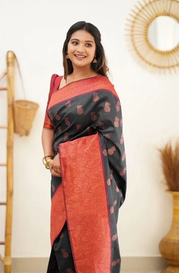 Black_Soft_Lichi_Silk_Saree_with_Rich_Jacquard_Pallu_&_Floral_Motifs