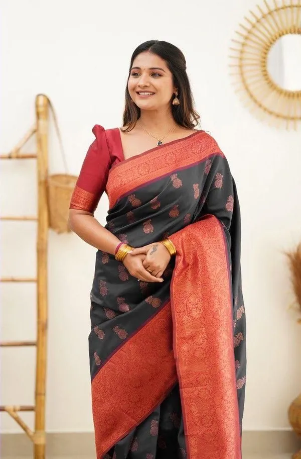 Black_Soft_Lichi_Silk_Saree_with_Rich_Jacquard_Pallu_&_Floral_Motifs