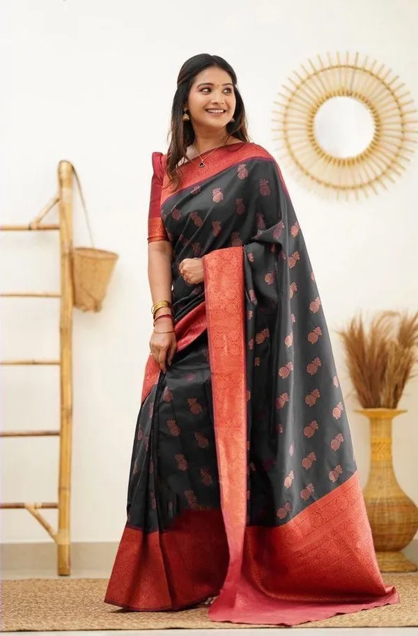 Black_Soft_Lichi_Silk_Saree_with_Rich_Jacquard_Pallu_&_Floral_Motifs