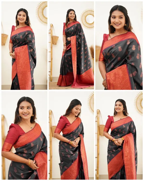 Black_Soft_Lichi_Silk_Saree_with_Rich_Jacquard_Pallu_&_Floral_Motifs