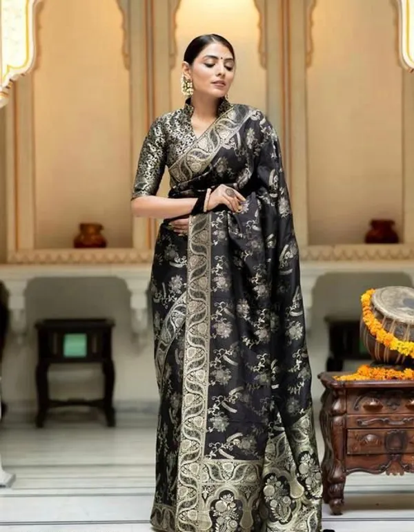 Black_Soft_Silk_Saree_with_Intricate_Floral_Jacquard_Weaving_&_Rich_Designer_Border