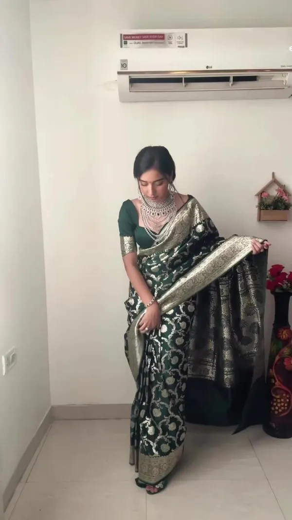 Bottle_Green_Soft_Lilan_Slab_Saree_with_Golden_Floral_Weaving
