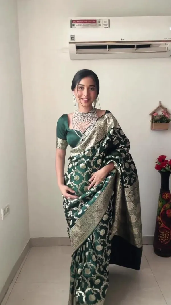 Bottle_Green_Soft_Lilan_Slab_Saree_with_Golden_Floral_Weaving