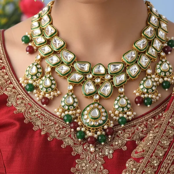 Bridal_Maroon_&_Green_Kundan_Necklace_Set_With_Pearl_Drops,_Jhumka_Earrings_&_Maang_Tikka