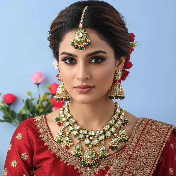 Bridal_Maroon_&_Green_Kundan_Necklace_Set_With_Pearl_Drops,_Jhumka_Earrings_&_Maang_Tikka