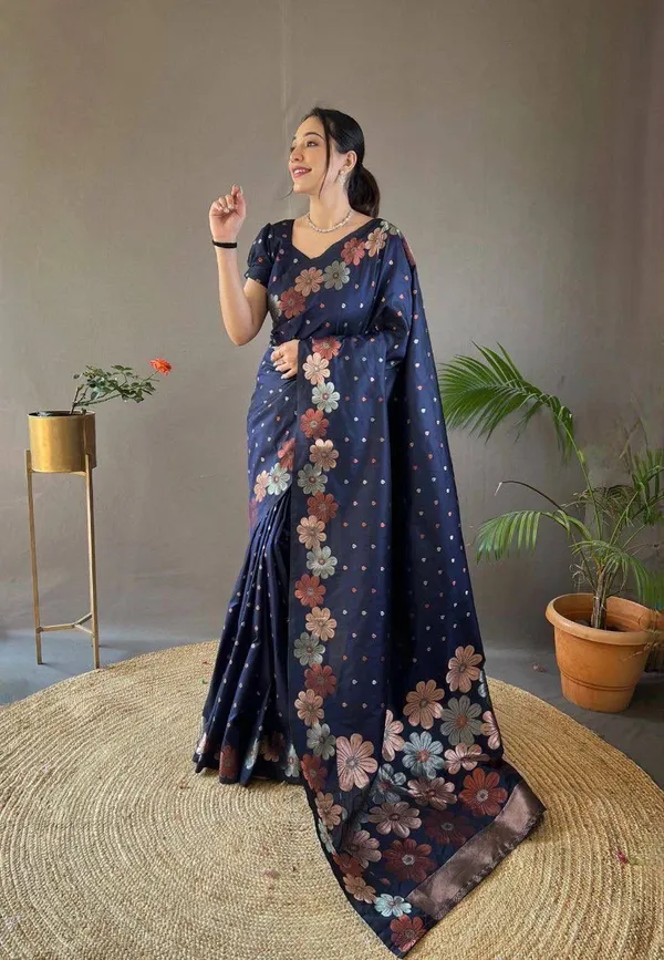Dark_Blue_Soft_Lichi_Silk_Floral_Jacquard_Saree