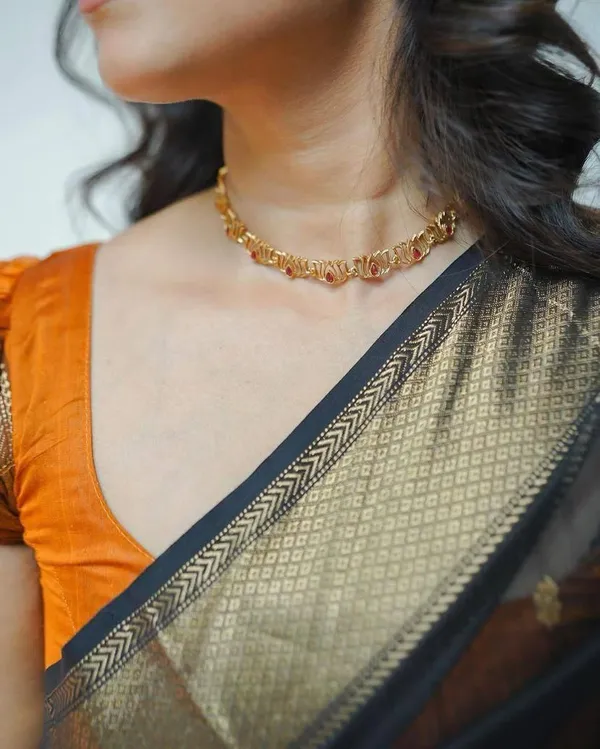 Designer_Black_Orange_Saree_with_Golden_Woven_Motifs_&_Rich_Border