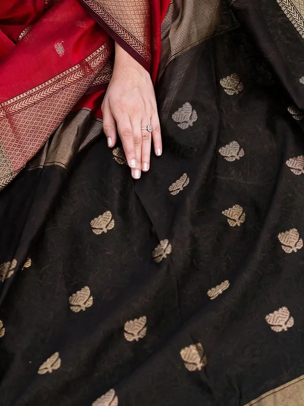Designer_Black_Orange_Saree_with_Golden_Woven_Motifs_&_Rich_Border