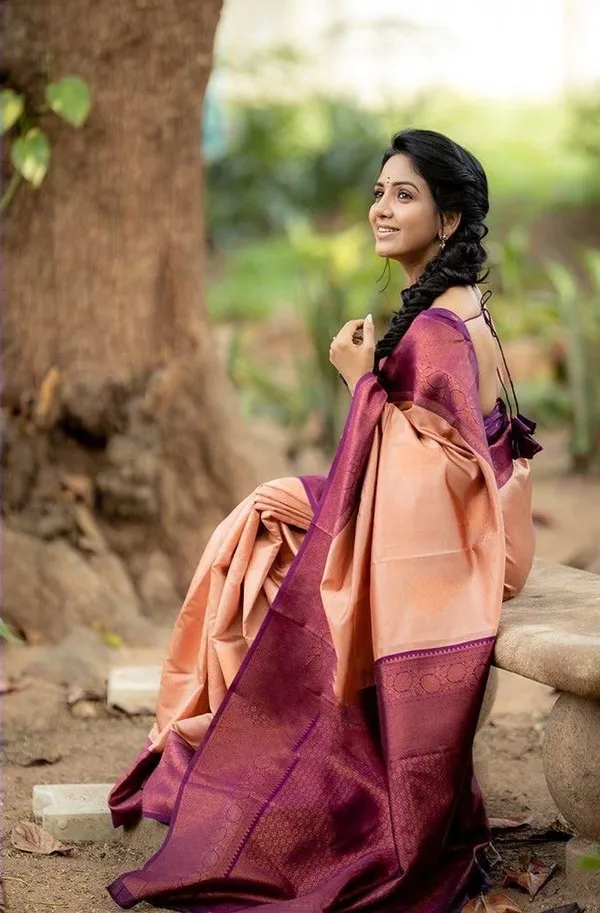 Designer_Peach_Soft_Lichi_Silk_Saree_with_Purple_Woven_Border_&_Pallu