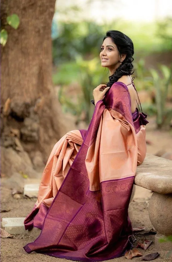 Designer_Peach_Soft_Lichi_Silk_Saree_with_Purple_Woven_Border_&_Pallu