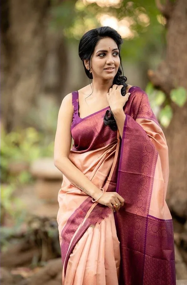 Designer_Peach_Soft_Lichi_Silk_Saree_with_Purple_Woven_Border_&_Pallu