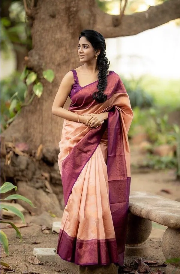 Designer_Peach_Soft_Lichi_Silk_Saree_with_Purple_Woven_Border_&_Pallu