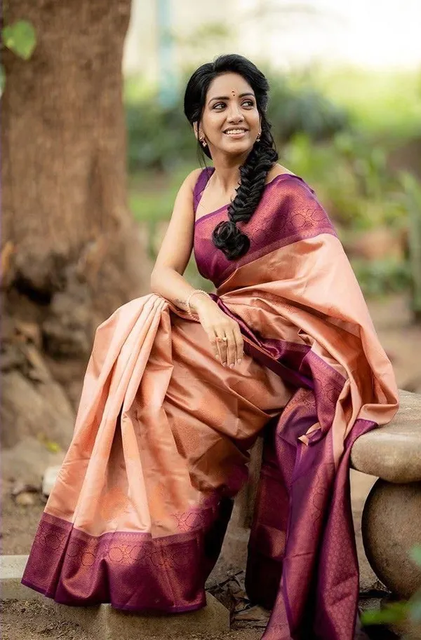 Designer_Peach_Soft_Lichi_Silk_Saree_with_Purple_Woven_Border_&_Pallu