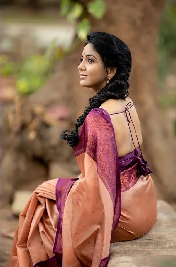 Designer_Peach_Soft_Lichi_Silk_Saree_with_Purple_Woven_Border_&_Pallu