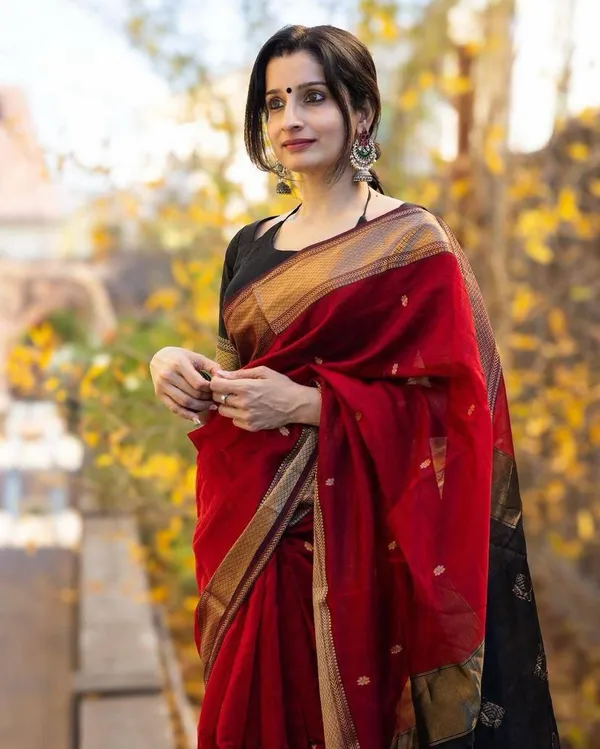Designer_Red_&_Black_Soft_Lilan_Slab_Saree_with_All-Over_Golden_Weaving
