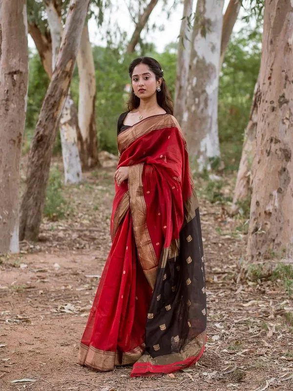 Designer_Red_&_Black_Soft_Lilan_Slab_Saree_with_All-Over_Golden_Weaving