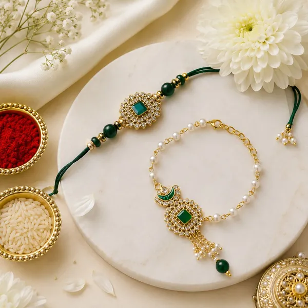 Premium_Green_Kundan_Bhaiya_Bhabhi_Rakhi_Combo_|_Designer_Pearl_Bracelet_Lumba_Rakhi_Set_|_Handmade_Raksha_Bandhan_Gift