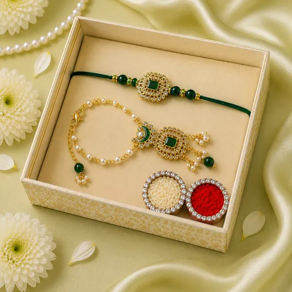 Premium_Green_Kundan_Bhaiya_Bhabhi_Rakhi_Combo_|_Designer_Pearl_Bracelet_Lumba_Rakhi_Set_|_Handmade_Raksha_Bandhan_Gift