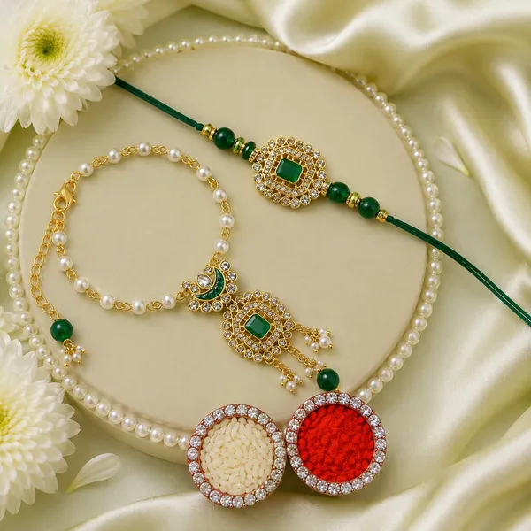 Premium_Green_Kundan_Bhaiya_Bhabhi_Rakhi_Combo_|_Designer_Pearl_Bracelet_Lumba_Rakhi_Set_|_Handmade_Raksha_Bandhan_Gift
