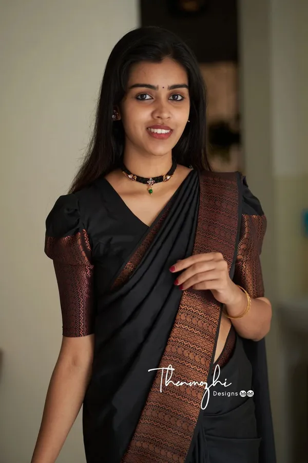 Elegant_Black_Soft_Lichi_Silk_Saree_with_Copper_Jacquard_Woven_Border