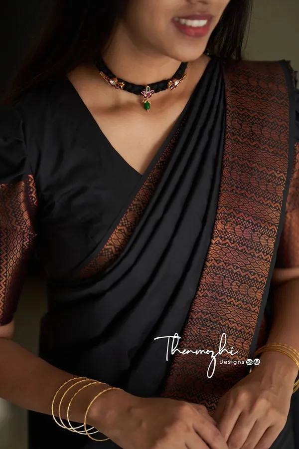 Elegant_Black_Soft_Lichi_Silk_Saree_with_Copper_Jacquard_Woven_Border