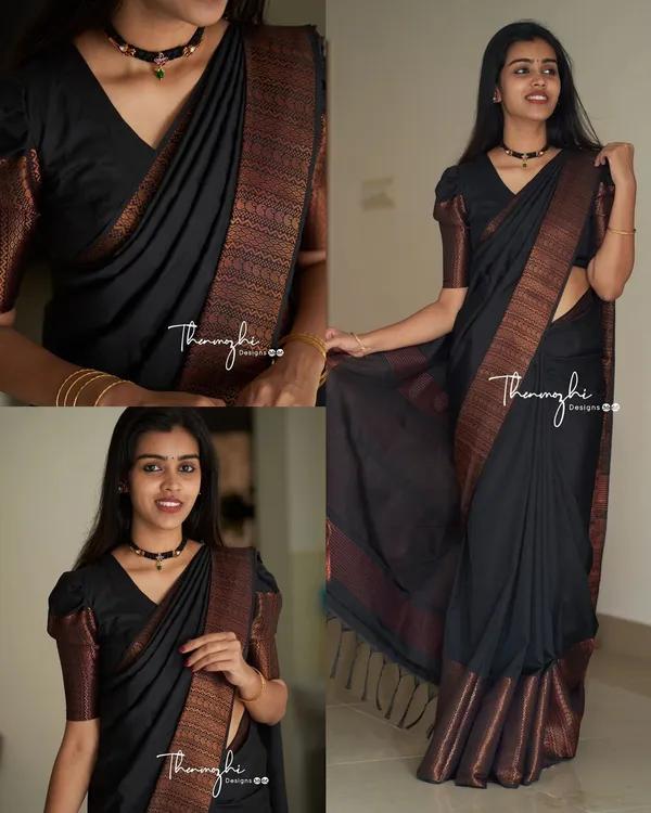 Elegant_Black_Soft_Lichi_Silk_Saree_with_Copper_Jacquard_Woven_Border